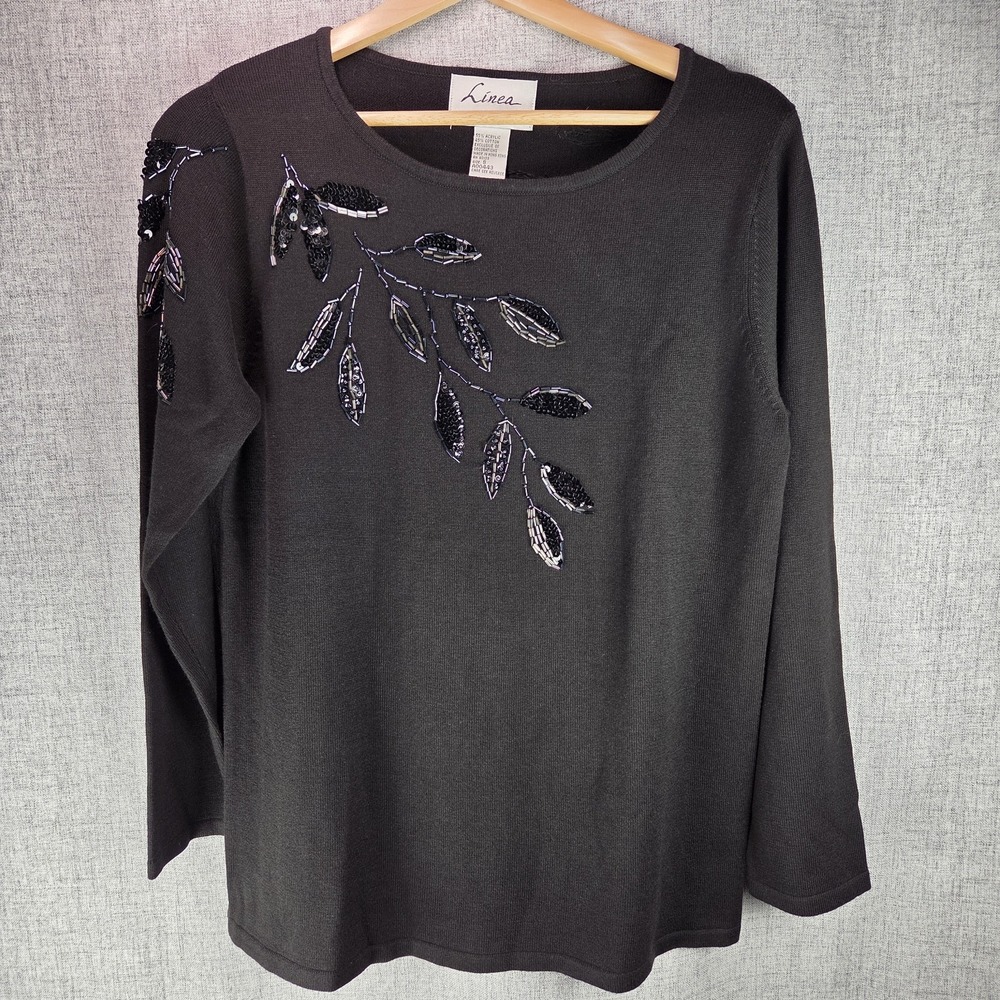Y2K Women's Sequin Beaded Leaf Black Sweater Sm Cottage Holiday Linea by Louis